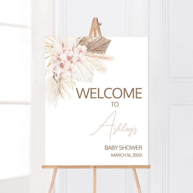 Póster Bienvenida Baby Shower Pampas Boho Pink Floral (Girl Pampas Grass Baby Shower Welcome Sign)