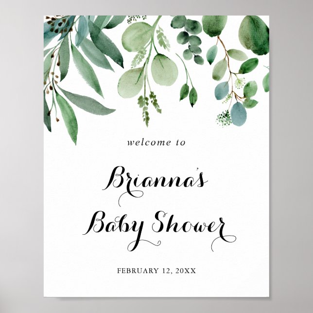 Póster Bienvenida Baby Shower para el follaje verde Eucal (Frente)