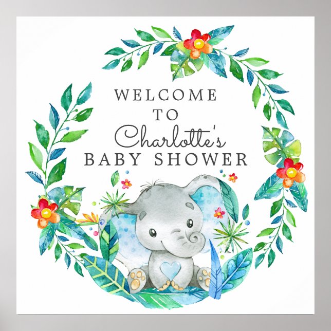 Póster Bienvenida Baby Shower para Elefantes de la Selva (Frente)