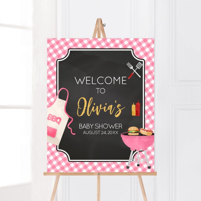 Póster Bienvenida Baby Shower Pink Gingham BBQ (Girl Baby-Q Baby Shower Welcome Sign)