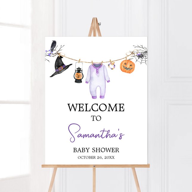 Póster Bienvenida Baby Shower Purple Little Boo Halloween (Halloween Baby Clothes Baby Shower Welcome Sign)