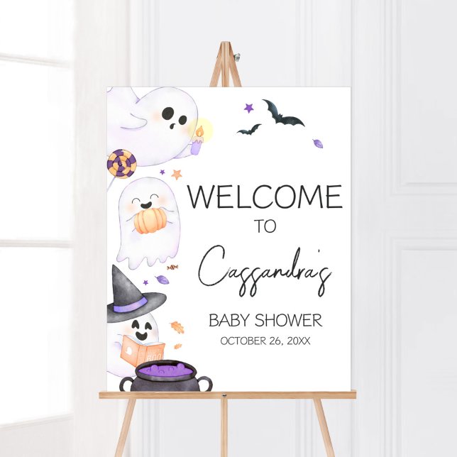 Póster Bienvenida Baby Shower Purple Little Boo Halloween (Purple Little Boo Baby Shower Welcome Sign)