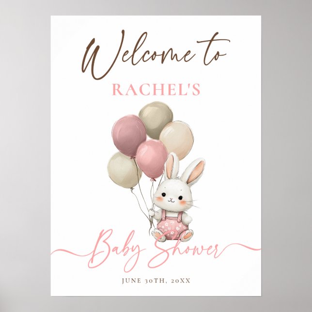 Póster Bienvenida Baby Shower rosa para Bunny Rabbit Ball (Frente)