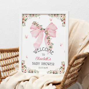 Póster Bienvenida Baby Shower Strawberry Pink Bow