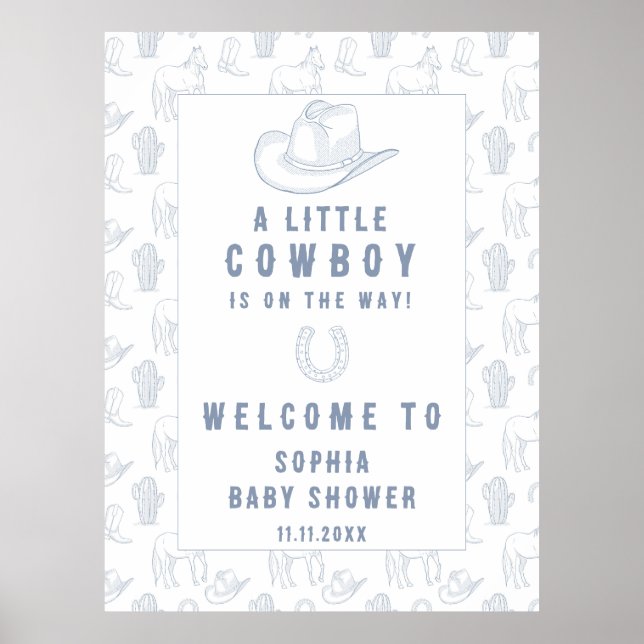 Póster Bienvenida baby shower Toile Blue Cowboy (Frente)