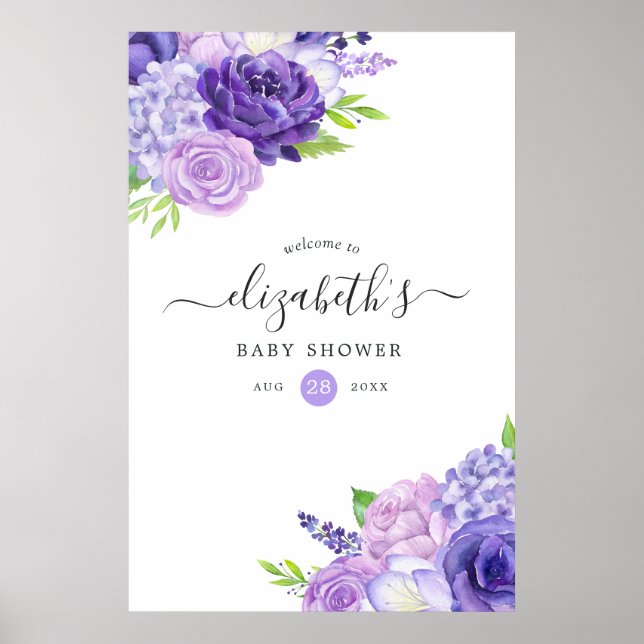 Póster Bienvenida Baby Shower Ultra Violeta Watercolor Fl (Frente)