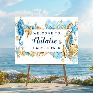 Póster Bienvenida Bajo el Mar Azul y Dorado para Baby Sho