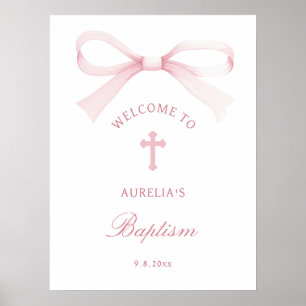 Póster Bienvenida Bautizo Lazo Rosa Acuarela