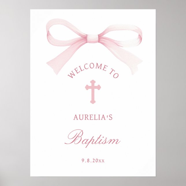 Póster Bienvenida Bautizo Lazo Rosa Acuarela (Frente)