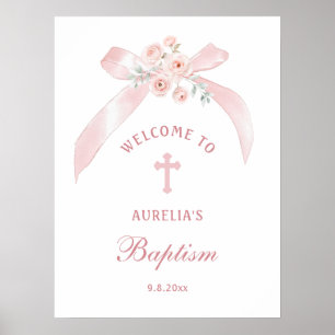 Póster Bienvenida Bautizo Lazo Rosa Floral