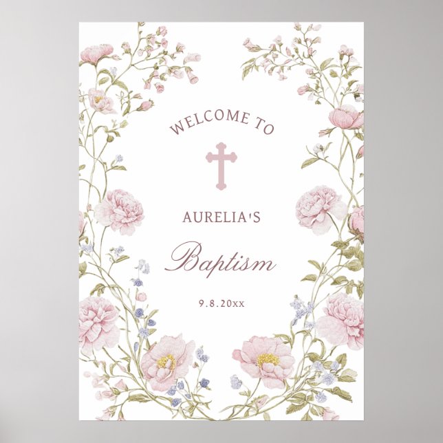 Póster Bienvenida Bautizo Marco Floral Rubor (Frente)