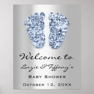 Póster Bienvenida Bebé Azul Pies Bebé Shower Niño Plata