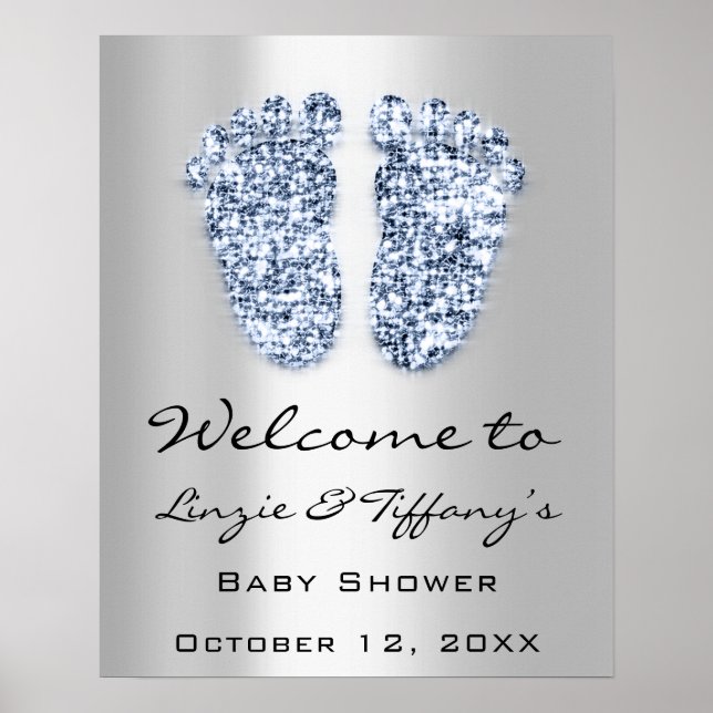 Póster Bienvenida Bebé Azul Pies Bebé Shower Niño Plata (Frente)
