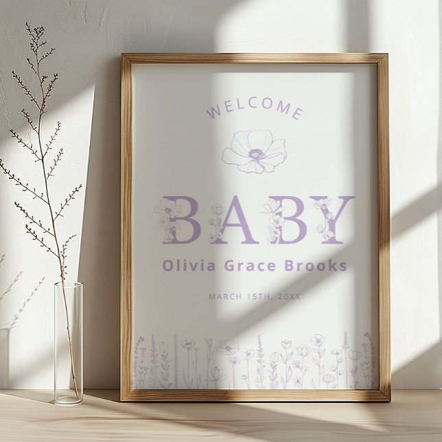 Póster Bienvenida Bebé Flor Silvestre Cumpleaños Bebé Lav (Lavender Baby Welcome Sign)