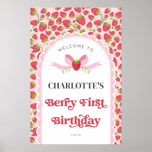 Póster Bienvenida Berry First Strawberry 1st Birthday 20x (Frente)