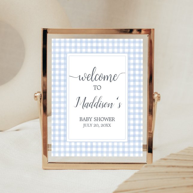Póster Bienvenida Blue Gingham (Boy Gingham Baby Shower Welcome Sign)