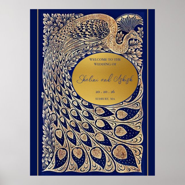 Póster Bienvenida Boda Art Nouveau de Blue Gold Peacock (Frente)