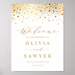 Póster Bienvenida Boda blanco al confetti Relieve metaliz