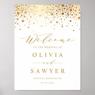 Póster Bienvenida Boda blanco al confetti Relieve metaliz