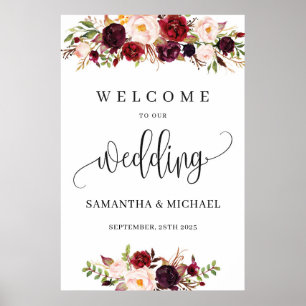 Póster Bienvenida boda bohemio rojo marsala floral