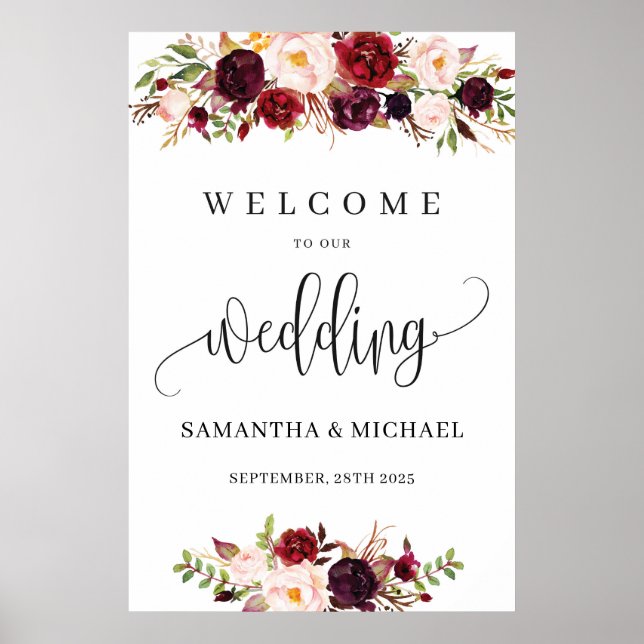 Póster Bienvenida boda bohemio rojo marsala floral (Frente)
