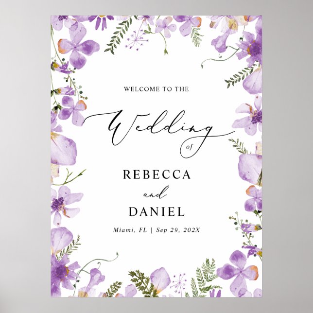 Póster Bienvenida Boda Boho Moda Lavender Wildflowers (Frente)