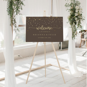 Póster Bienvenida Boda Brown Calligraphy Gold Confetti