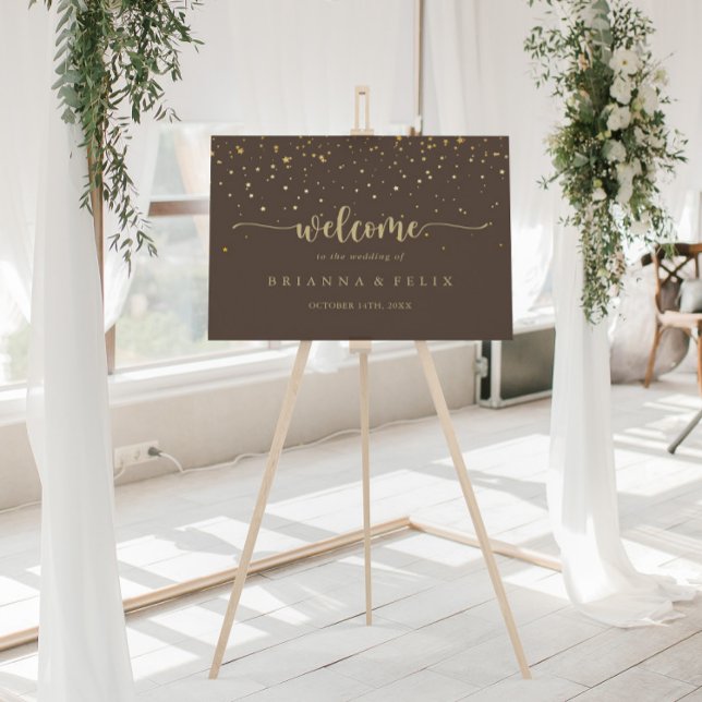 Póster Bienvenida Boda Brown Calligraphy Gold Confetti (Subido por el creador)