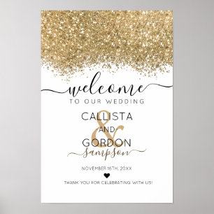 Póster Bienvenida Boda Confetti, Purpurina blanco de oro 
