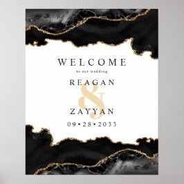 Póster Bienvenida Boda De Agante De Mármol Negro Y Oro