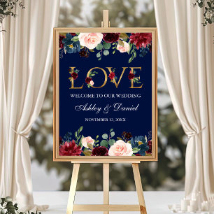 Póster Bienvenida Boda de amor Blue Burgundy Floral Gold