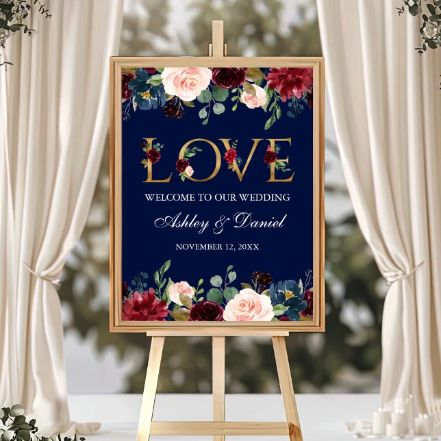 Póster Bienvenida Boda de amor Blue Burgundy Floral Gold (Customize to change text color, text size, text style or size of poster.)