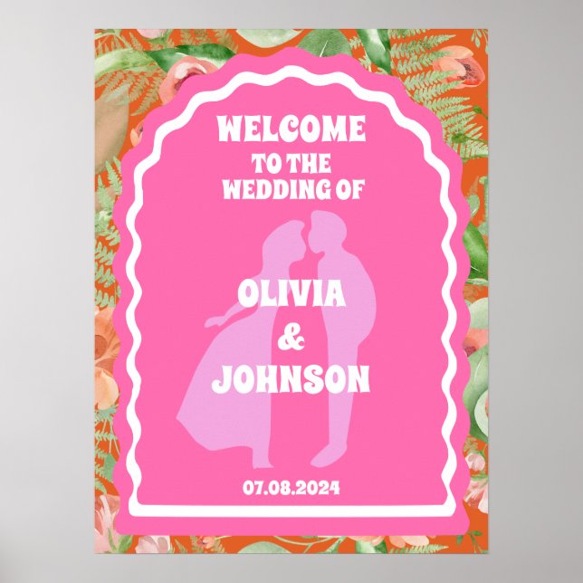 Póster Bienvenida Boda de arco floral retro Naranja rosa  (Frente)