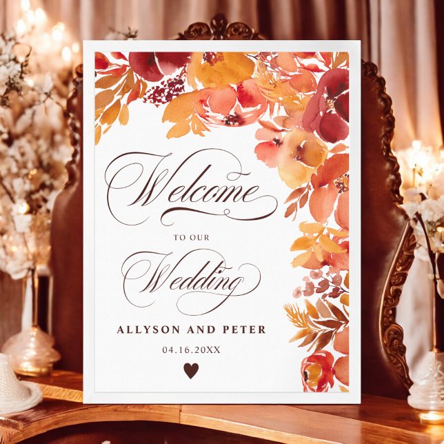 Póster Bienvenida boda de boho florido y rústico (Fall rustic painted floral boho wedding welcome poster)