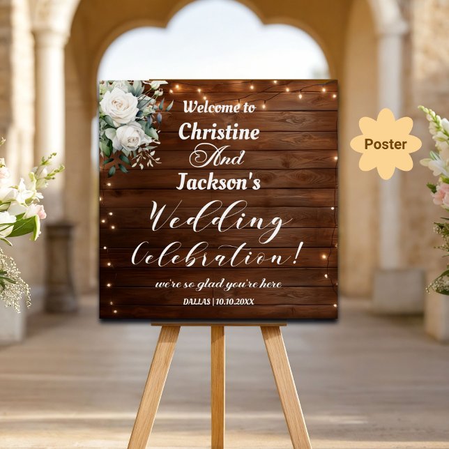 Póster Bienvenida Boda de Brown Wood String Lights (Subido por el creador)