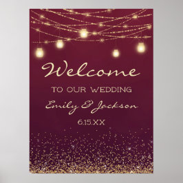 Póster Bienvenida Boda de Burgundy Gold String Lights