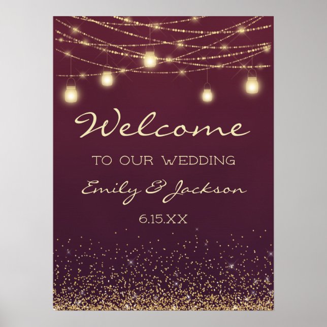 Póster Bienvenida Boda de Burgundy Gold String Lights (Frente)
