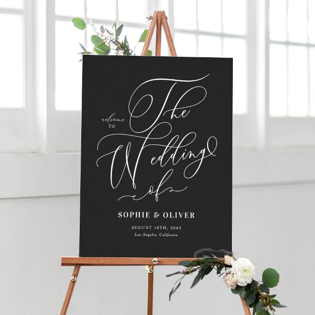 Póster Bienvenida Boda de caligrafía caprichosa negra (Customizable Black and White Whimsical Calligraphy Wedding Welcome Sign)