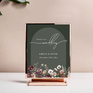 Póster Bienvenida Boda de caligrafía verde oscuro del Arc