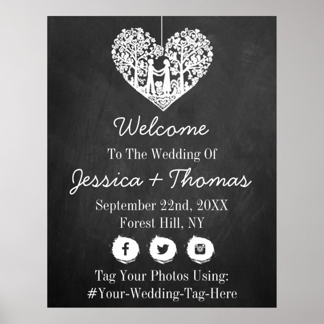 Póster Bienvenida Boda de Chalkboard de Árbol del Corazón (Frente)