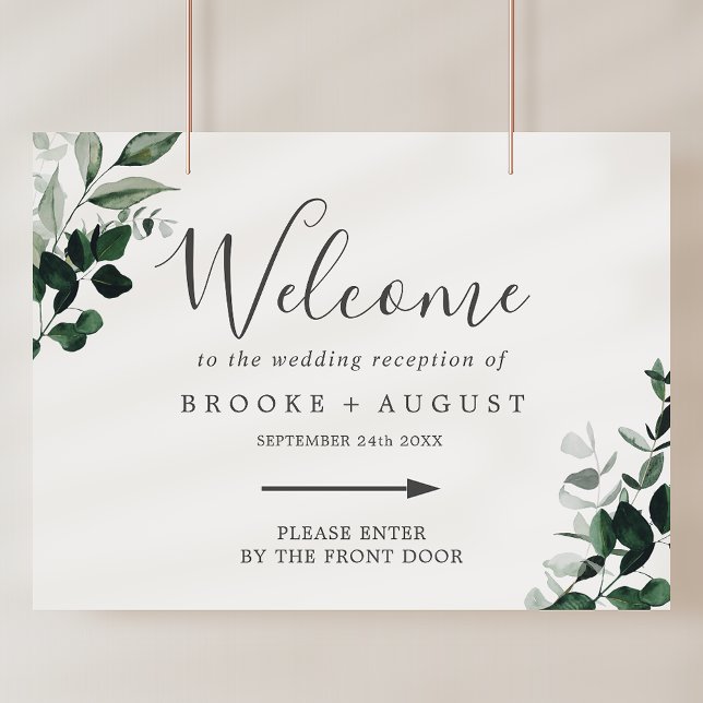 Póster Bienvenida Boda de Emerald Greenery a la Derecha (Emerald Greenery Right Directional Wedding Welcome Poster)