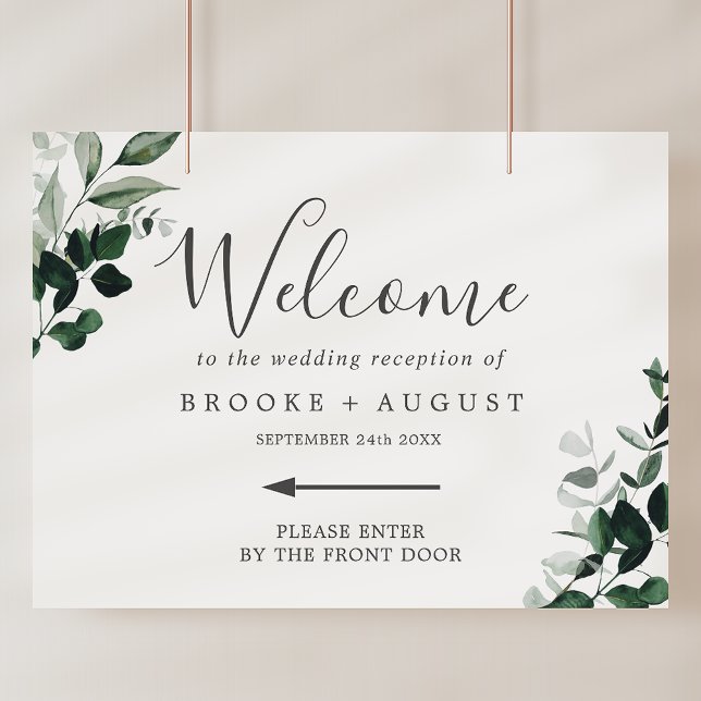 Póster Bienvenida Boda de Emerald Greenery a la Izquierda (Emerald Greenery Left Directional Wedding Welcome Poster)