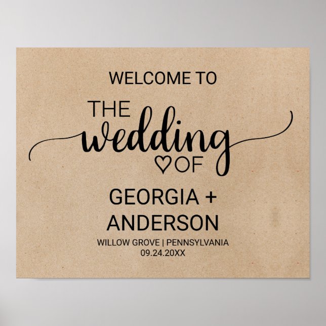 Póster Bienvenida Boda de Faux Kraft Calligraphy (Frente)