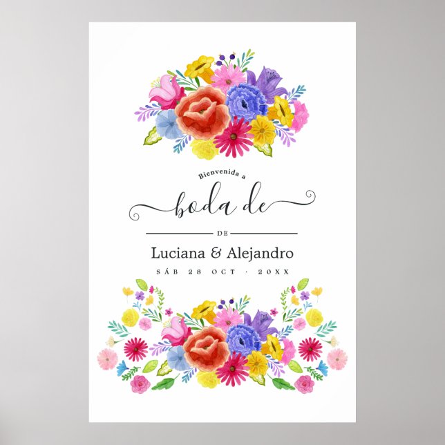 Póster Bienvenida Boda de Fiesta Española Floral Watercol (Frente)