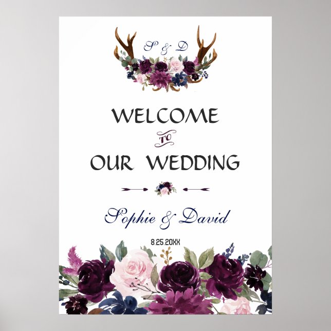 Póster Bienvenida Boda de Floral Azul de la Marina Lavend (Frente)