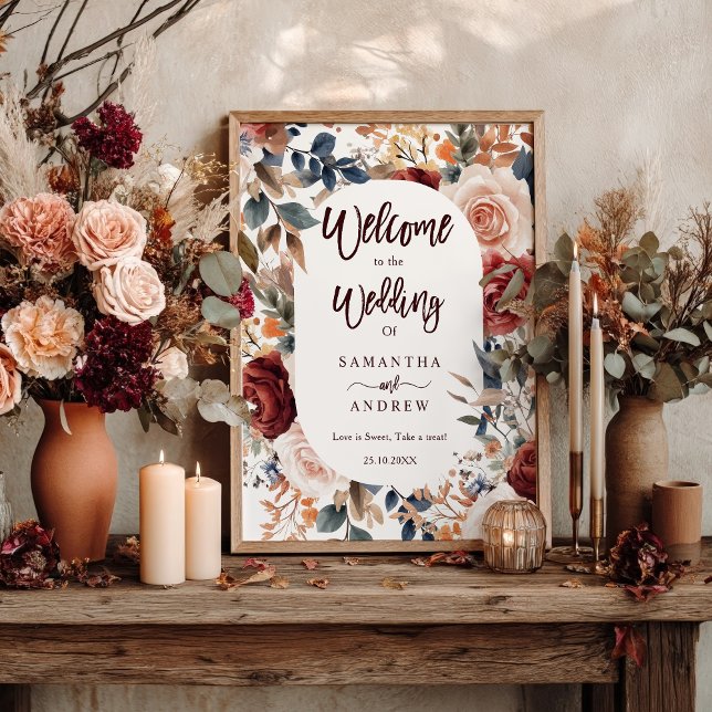 Póster Bienvenida Boda de Floral de Burgundy Fall (Rustic Burgundy Fall Floral Boho Wedding Welcome Poster)
