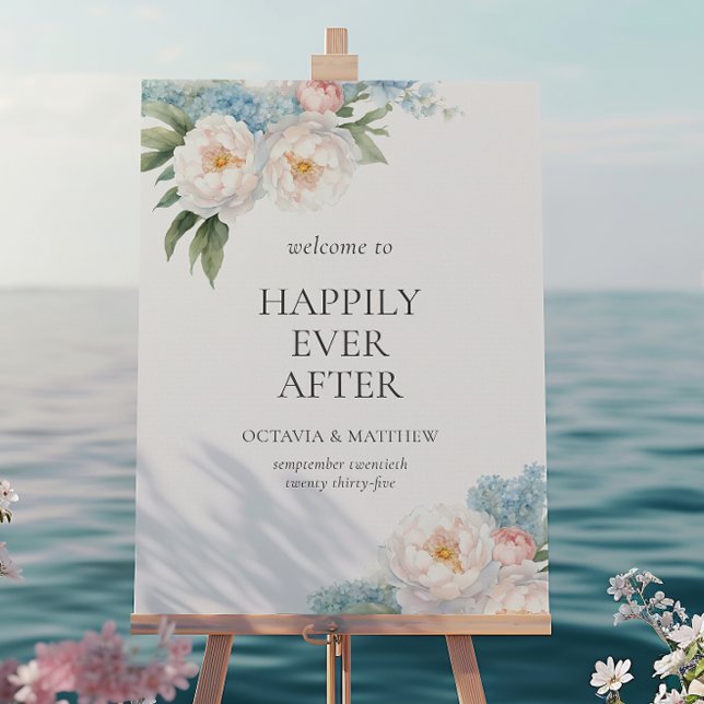 Póster BIENVENIDA BODA de flores azules y rosas blandas (Subido por el creador)