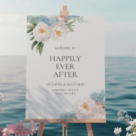 Póster BIENVENIDA BODA de flores azules y rosas blandas