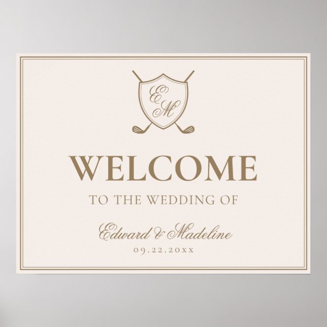 Póster Bienvenida Boda de golf elegante Escudo Monograma (Frente)