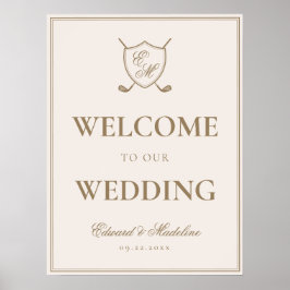 Póster Bienvenida Boda de golf elegante Escudo Monograma